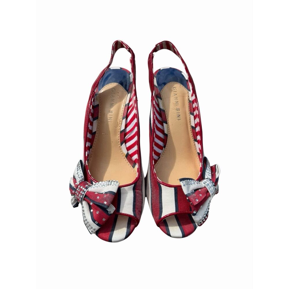 Gianni Bini Red White Blue Striped Bow Heels Pumps 4th Of July Patriotic 8 Sling - Picture 2 of 8